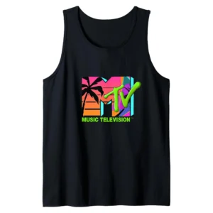 MTV Logo Retro Palms Paradise Tank Top – Vintage 80s Beach Vibes Graphic Tee