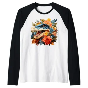 Dinosaur Floral Raglan Baseball Tee – Cute Dino Flower Graphic Shirt