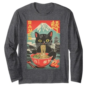 Vintage Funny Cat Ramen Anime Japanese Graphic Long Sleeve Shirt