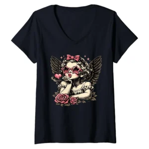 Retro Valentine's Day Cute Cupid Blowing Kiss Women's V-Neck T-Shirt