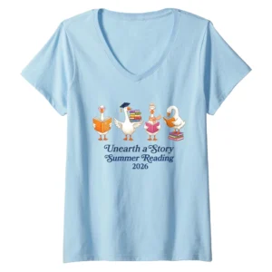 "Unearth a Story" Summer Reading 2026 V-Neck T-Shirt for Librarians & Book Lovers