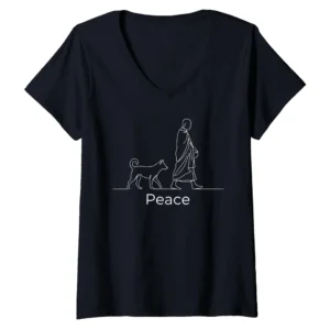 Women's Zen Monks & Aloka Dog Walk for Peace Minimalist Art V-Neck T-Shirt