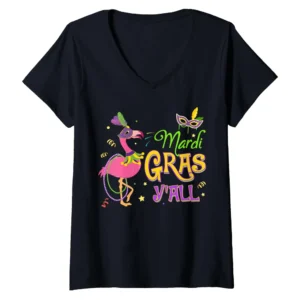 Women's "Mardi Gras Y'all" Flamingo Beads & Mask Festive V-Neck T-Shirt