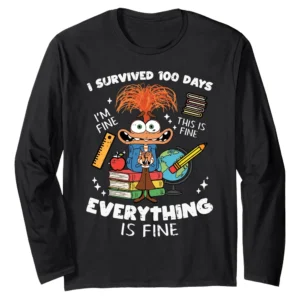 Survived 100 Days I'm Fine Funny 100th Day of School Long Sleeve T-Shirt for Kids