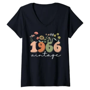Vintage 1966 60th Birthday Shirt for Women – Wildflower Graphic V-Neck Tee