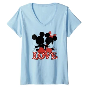 Disney Mickey and Minnie Love Hug V-Neck Shirt – Valentine's Day Tee for Women
