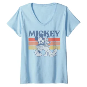 Disney Mickey and Pluto Retro V-Neck Shirt for Women – Classic Friendship Tee