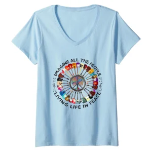 Imagine Peace and Love Hippie V-Neck T-Shirt - Inspirational Retro Tee