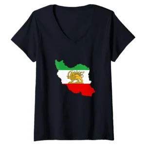 Persian Lion Flag Iran Map V-Neck T-Shirt - Iranian Heritage Pride Tee