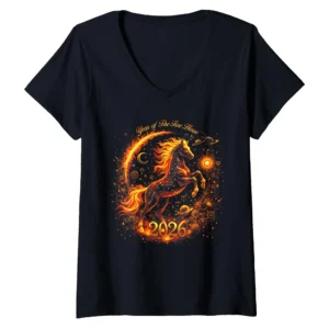 Year of the Fire Horse 2026 Women's V-Neck T-Shirt - Chinese Zodiac Lunar New Year
