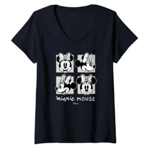 Disney Minnie Mouse Black and White Grid Women's V-Neck T-Shirt