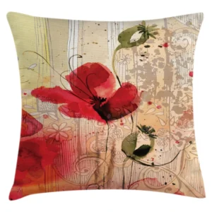 Ambesonne Flower Throw Pillow Cushion Cover, Red Poppy Flower Grungy Paint Brush Effect Beige Floral Design Digital Art Print, Decorative Square Accent Pillow Case, 20" X 20", Red Ivory